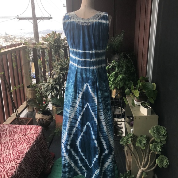 Indigo Shibori Tie Dye Dress Gown 6 8 M Vintage - Picture 5 of 7